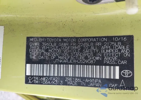 2017 Toyota Corolla Im из США, поврежденный, VIN JTNKARJEXHJ529087